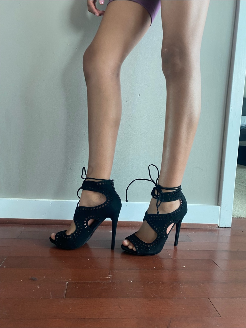 JustFab Black Suede Lace-Up Cutout High Heels